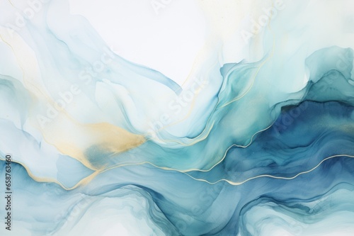 Watercolor abstract pastel blue background with gold, light emerald, aquamarine, fluid lines, waves and curves. Backdrop with copy space. Watercolor gentle texture. Background, banner, invitation.