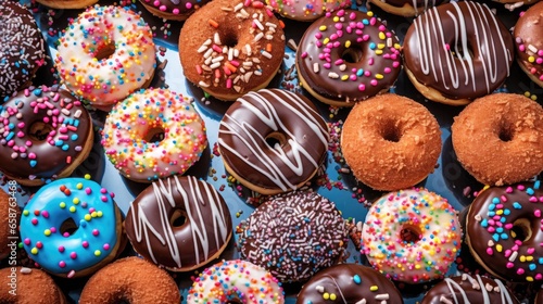 An assortment of donuts covered with colorful glaze and sprinkles at a candy store. Make your choice. A sweet for breakfast. Illustration for banner, poster, cover, brochure, advertising or marketing.