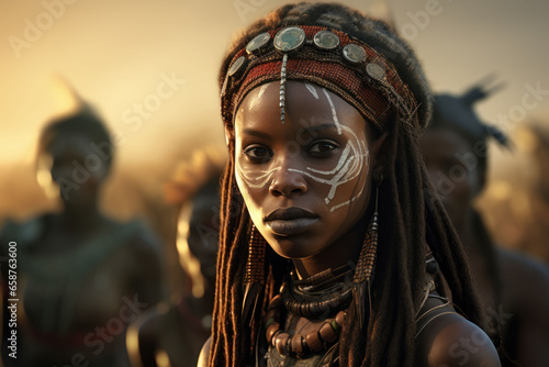Wild African tribes. African ethnicity. African American young native woman wearing tribal headdress, traditional wooden beads and jewelry, war paint and tattoo. Portrait. Copy Space. rituals, life.