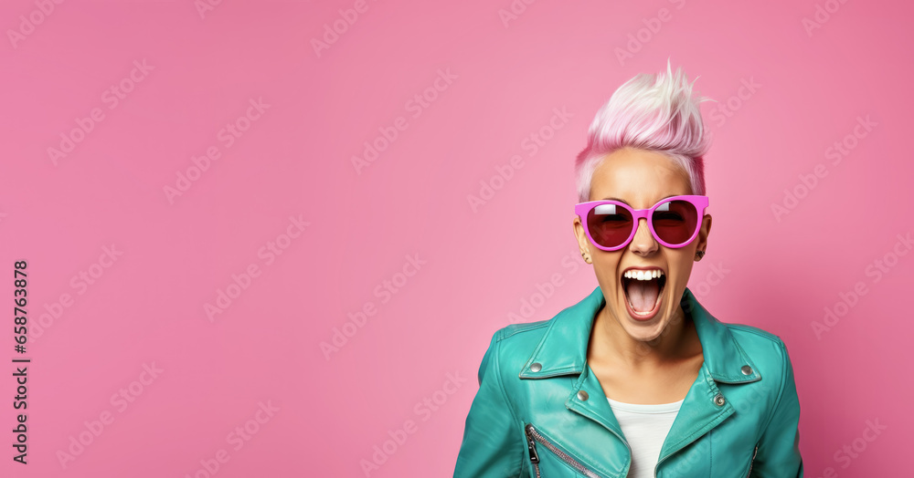 Young woman with colourful dyed hair, screaming or shouting. Wide banner copy space on side. Generative AI