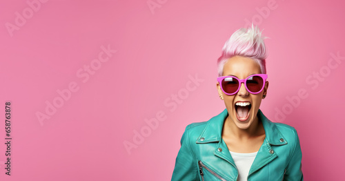 Obraz na płótnie Young woman with colourful dyed hair, screaming or shouting. Wide banner copy space on side. Generative AI w salonie
