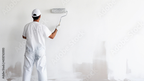 Professional house painter painting a wall white with a roller. photo