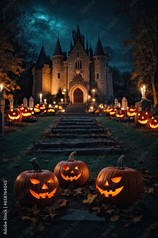 Halloween background with scary pumpkins candles in the graveyard at night with a castle background Halloween background with scary pumpkins candles in the graveyard at night with a castle background