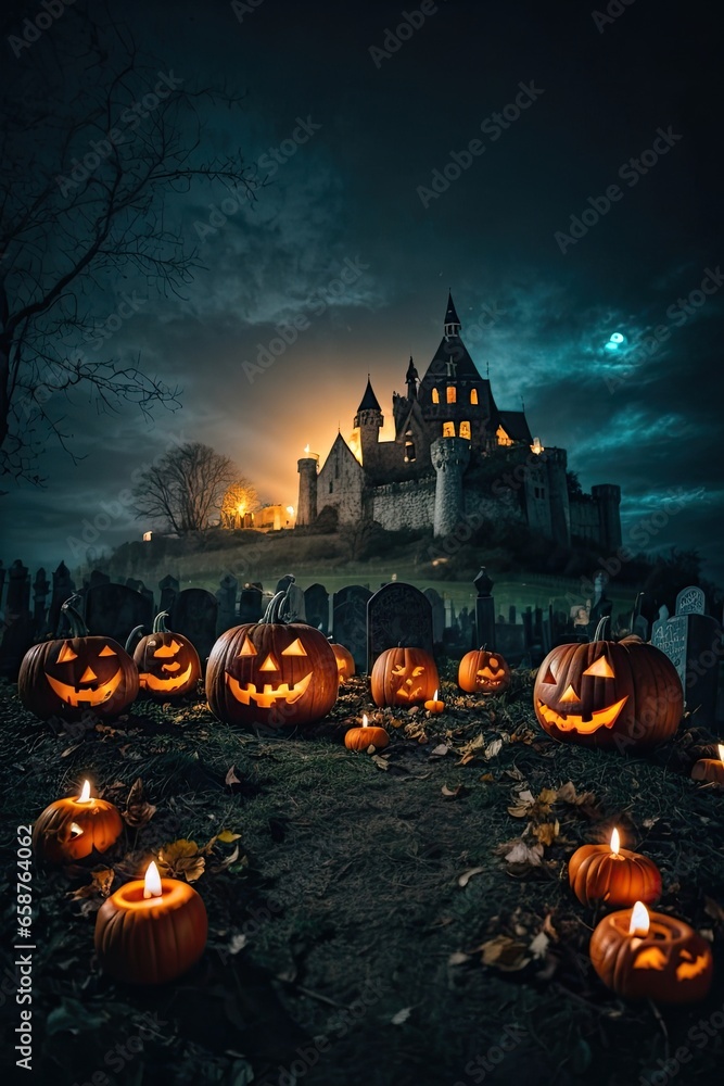 Halloween background with scary pumpkins candles in the graveyard at night with a castle background Halloween background with scary pumpkins candles in the graveyard at night with a castle background