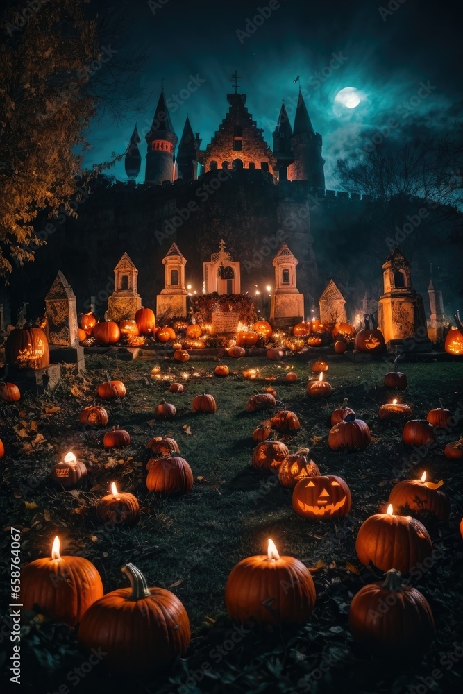Halloween background with scary pumpkins candles in the graveyard at night with a castle background Halloween background with scary pumpkins candles in the graveyard at night with a castle background