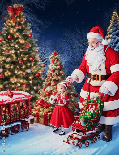 santa claus giving chocolates and gift on kids during Christmas kids carrol time with Santa, Christmas train, behind deer and Christmas tree belongs on snow white scenery 8k photo