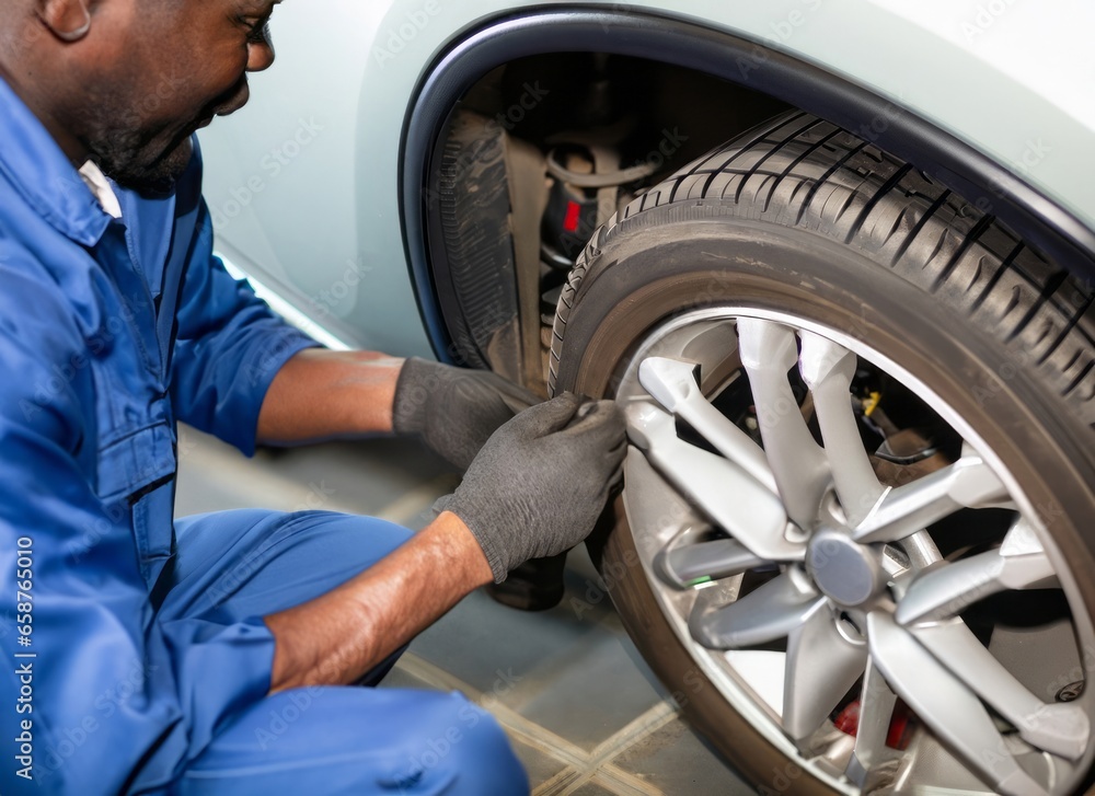African American mechanic fixing the tire of a car in his workshop. African American mechanic fixing the tire of a car in his workshop.