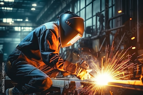 Industrial welder worker is welding in factory close-up