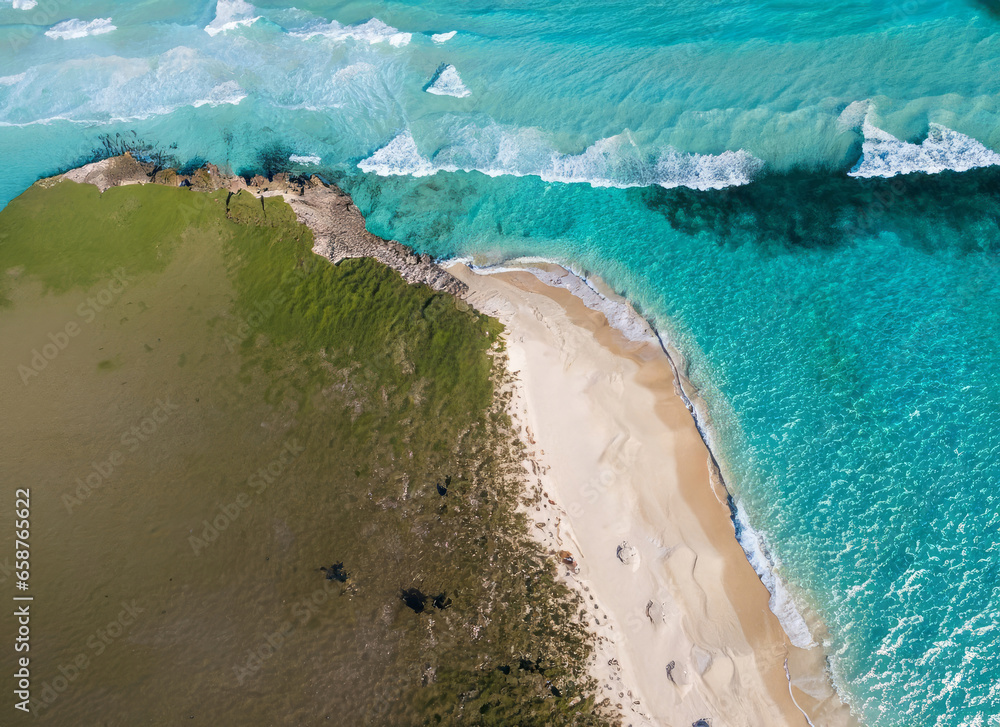 Tranquil aerial shot of a Caribbean beach, amazing view of green grass and light blue water.