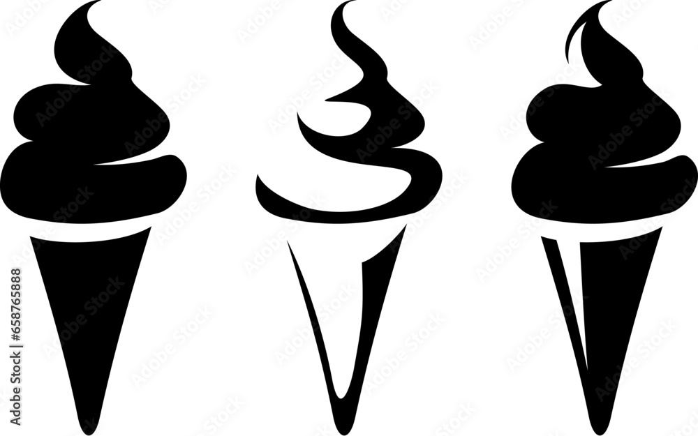 Ice cream cones. Black silhouettes of ice cream cones isolated on a white background. Set of vector illustrations