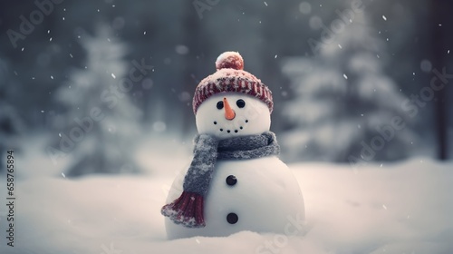 lovely snowman wearing a red hat and scarf, stands on the snowy ground with a smile. Winter, Christmas and new year concept. © Naige