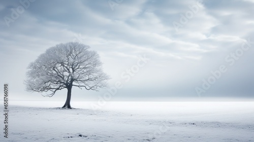 Minimalist winter landscape with a lone tree covered in snow © Татьяна Креминская