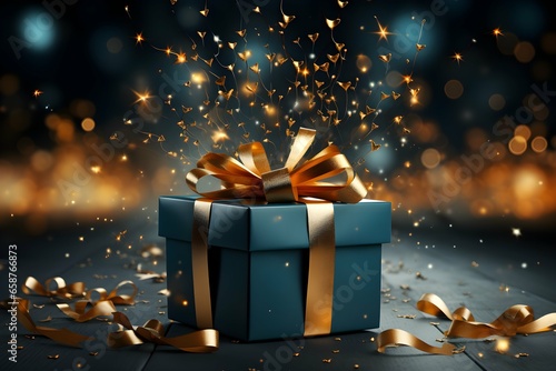luxury green gift box with golden ribbon on particles and confetti background © TERKWAZ