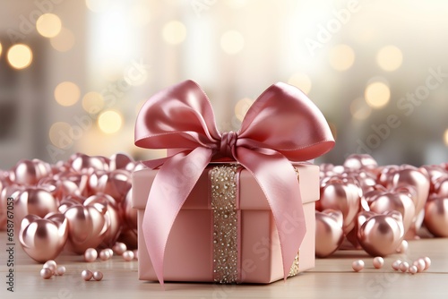 luxury pink gift box with pink ribbon on table with particles background photo