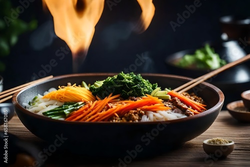 ?The camera is moving nearer to show a yummy and well-liked Korean food called Bibimbap. Sometimes, it can be hard to figure out or understand what is happening or why it is happening.. AI Generated photo