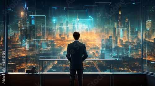 Businessman looking at night city from the window. 3D rendering