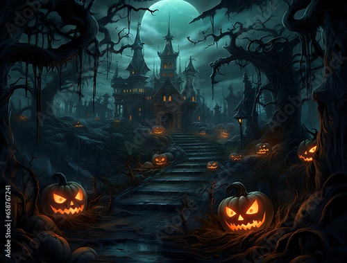Halloween background with spooky castle and pumpkins, 3d render