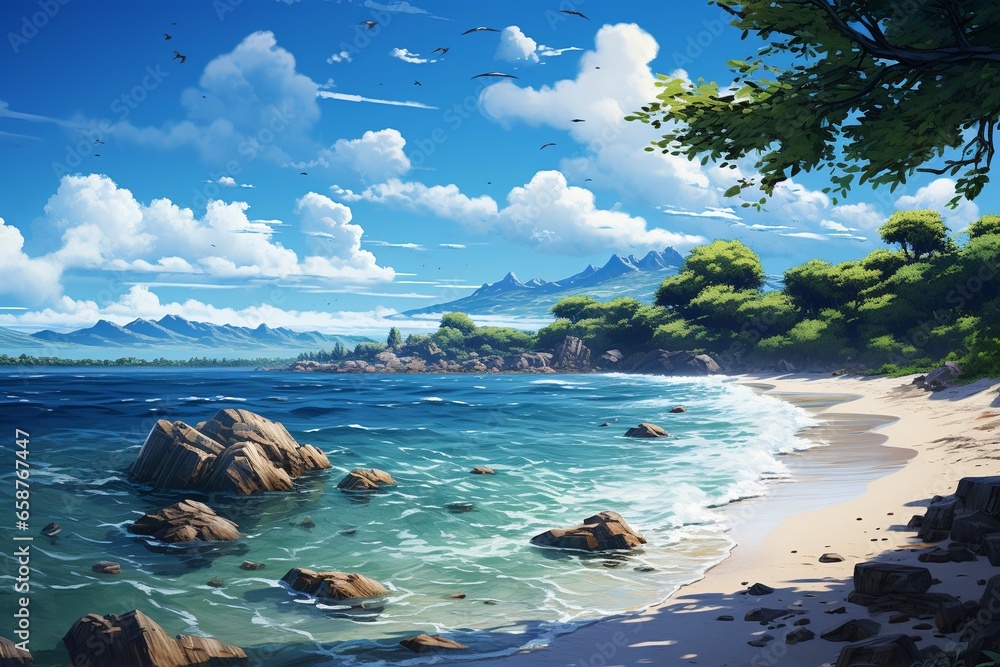 Magical Beach Landscape, Breathtaking Coastal Retreat - Turquoise Waters, Sandy Shores, and Verdant Scenery