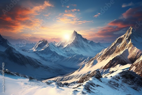 Magical Mountain Landscape, Nature's Frozen Palette - Snowy Mountains Adorned with Vivid Tones © Simn
