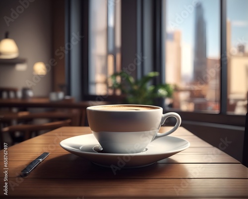 A cup of coffee latte and roasted coffee beans on a wooden table in a modern coffee shop view 
