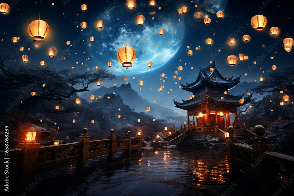 Mid-Autumn Majesty, Illuminated Lanterns Grace the Night Sky in China