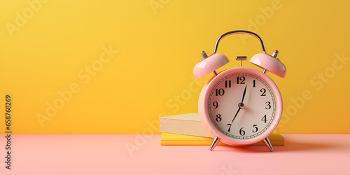 Alarm clock and book on yellow and pink background.