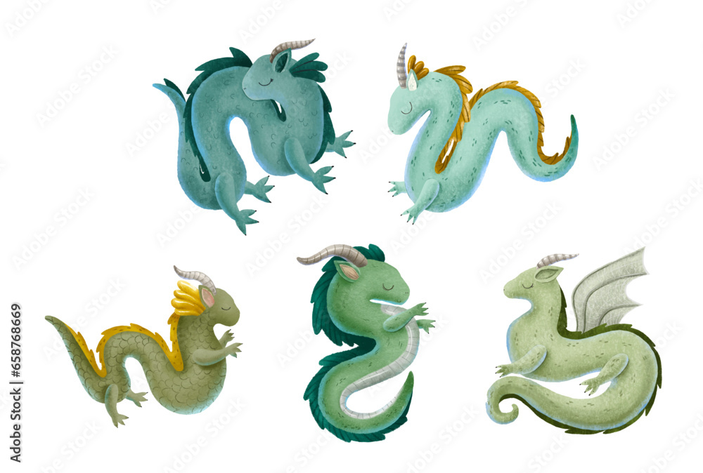 set of magic fairy tale chinese dragons with wing, paw and horn. Fairy character for new year. Green cartoon animals on white background, isolated hand painted design set of magic fairy tale chinese dragons with wing, paw and horn. Fairy character for new year. Green cartoon animals on white background, isolated hand painted design