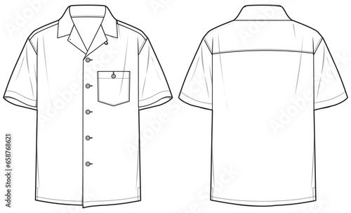 Men's short sleeve hawaiian resort shirt flat sketch illustration with front and back view, Cuban collar mens aloha shirt for safari casual wear fashion illustration template mock up