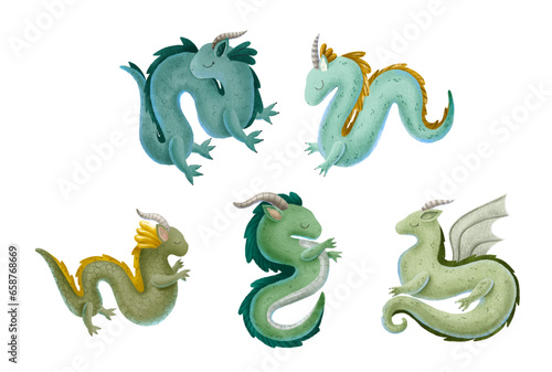 set of magic fairy tale chinese dragons with wing  paw and horn. Fairy character for new year. Green cartoon animals on white background  isolated hand painted design