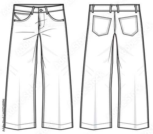 Women Flare denim jeans trouser pants front and back view flat sketch fashion illustration, Oversize Boot cut five pockets jeans denim pants cad drawing vector template