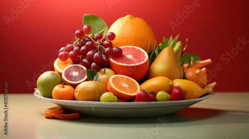 An artful composition of a plate filled with delicious  juicy fruits  with a clean and solid background that accentuates their natural beauty  shot in high-definition