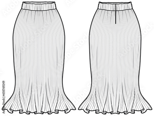 Women pleated mermaid Skirt flat sketch illustration, pleated trumpet skirt for casual wear fashion technical drawing vector template mock up
