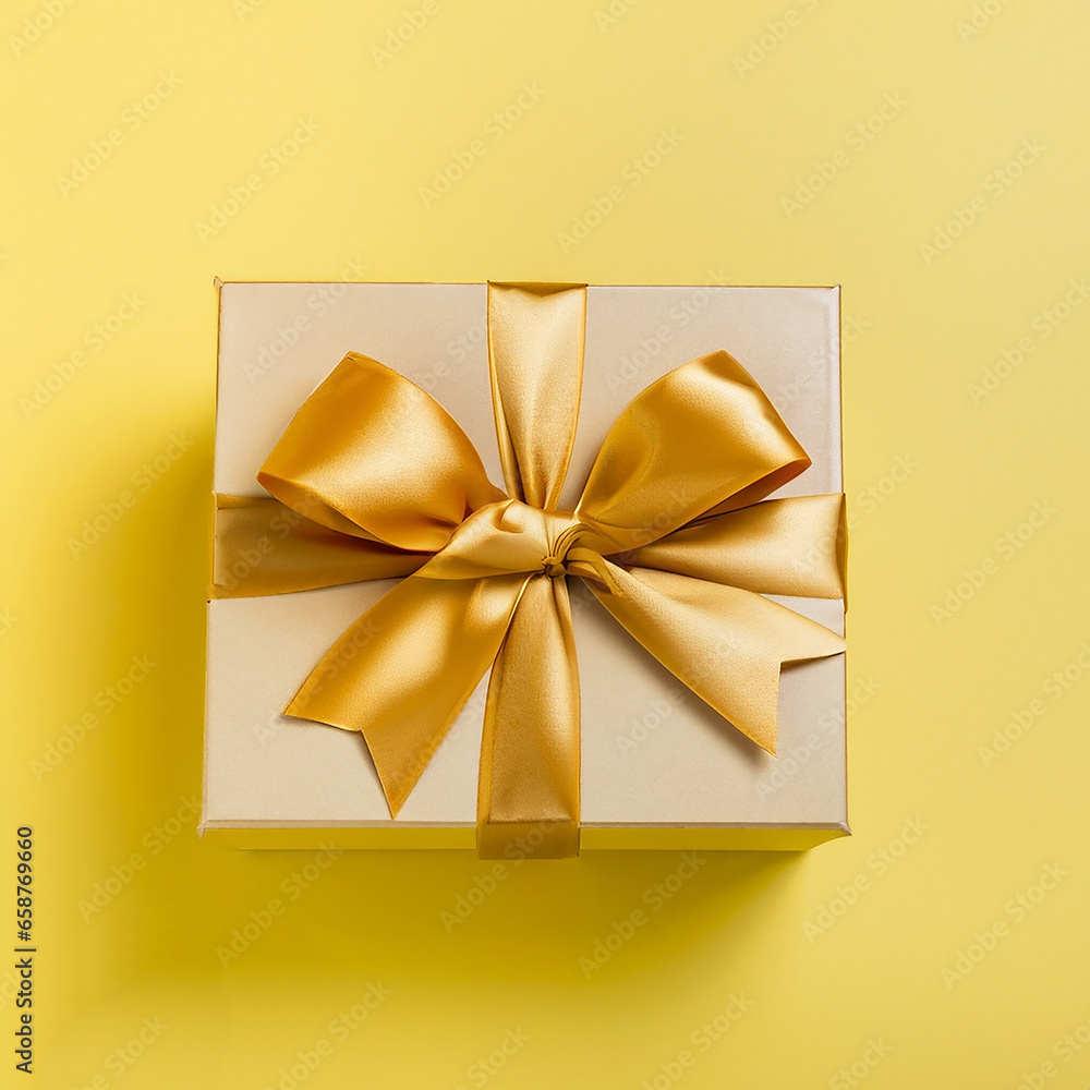Gift box with golden satin ribbon and bow on yellow background. Generative AI Gift box with golden satin ribbon and bow on yellow background. Generative AI