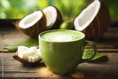 A beautifully crafted Coconut Matcha Latte on a rustic wooden table, bathed in the soft glow of morning sunlight, surrounded by fresh green matcha powder and coconuts