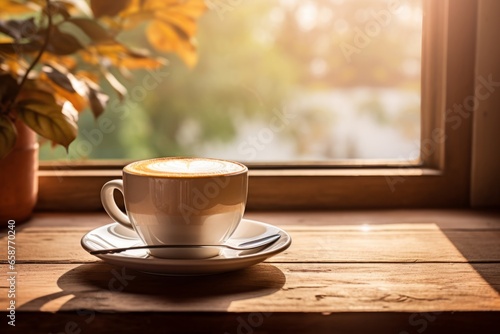 A Deliciously Warm Vanilla Hazelnut Latte Sits on a Rustic Wooden Table, Bathed in the Soft Morning Light Streaming Through a Nearby Window