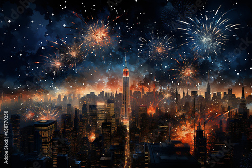 Sparkling Celebration, AI-Generated New Year's Eve Fireworks Illuminate New York City Skyline