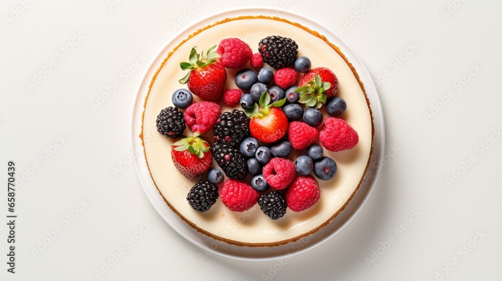 An overhead shot of a fruit-filled cheesecake, garnished with fresh berries, on a minimalist, solid background, as if taken by a high-definition camera An overhead shot of a fruit-filled cheesecake, garnished with fresh berries, on a minimalist, solid background, as if taken by a high-definition camera