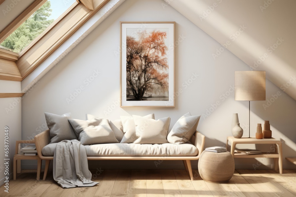 Fototapeta premium modern minimalist scandinavian upstairs landing with light natural materials with modern art on the walls