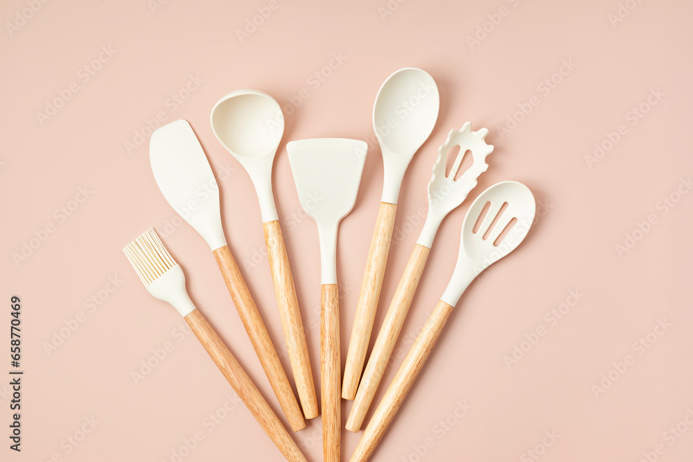 Pastel color kitchen utensils top view. Cooking blog, classes, workshop, recipe template concept Pastel color kitchen utensils top view. Cooking blog, classes, workshop, recipe template concept