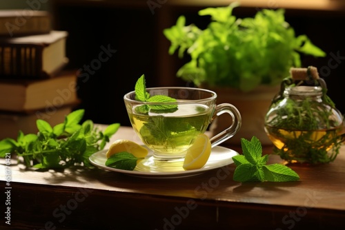 A steaming cup of refreshing mint tea, nestled amongst fresh mint leaves and a good book, creating an atmosphere of tranquility and relaxation