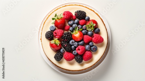 An overhead shot of a fruit-filled cheesecake, garnished with fresh berries, on a minimalist, solid background, as if taken by a high-definition camera