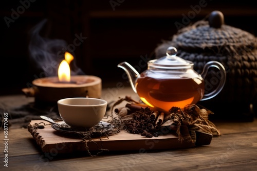 A steaming cup of milk tea nestled on a rustic wooden table  surrounded by loose tea leaves  a vintage teapot  and a cozy knit blanket