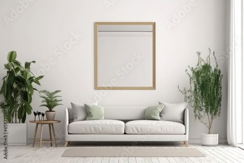 The perfect combination of comfort and style in this modern living room with a white couch, green potted plants, and a mockup frame on the wall. AI Generative.