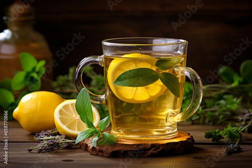 A soothing close-up shot of freshly brewed lemon verbena tea, served in a transparent glass mug, surrounded by organic verbena leaves and lemon slices