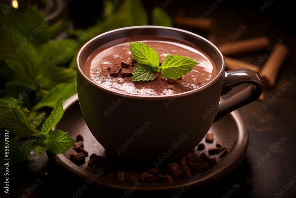 A deliciously tempting close-up shot of dark chocolate and mint coffee, garnished with fresh mint leaves and served in a stylish mug