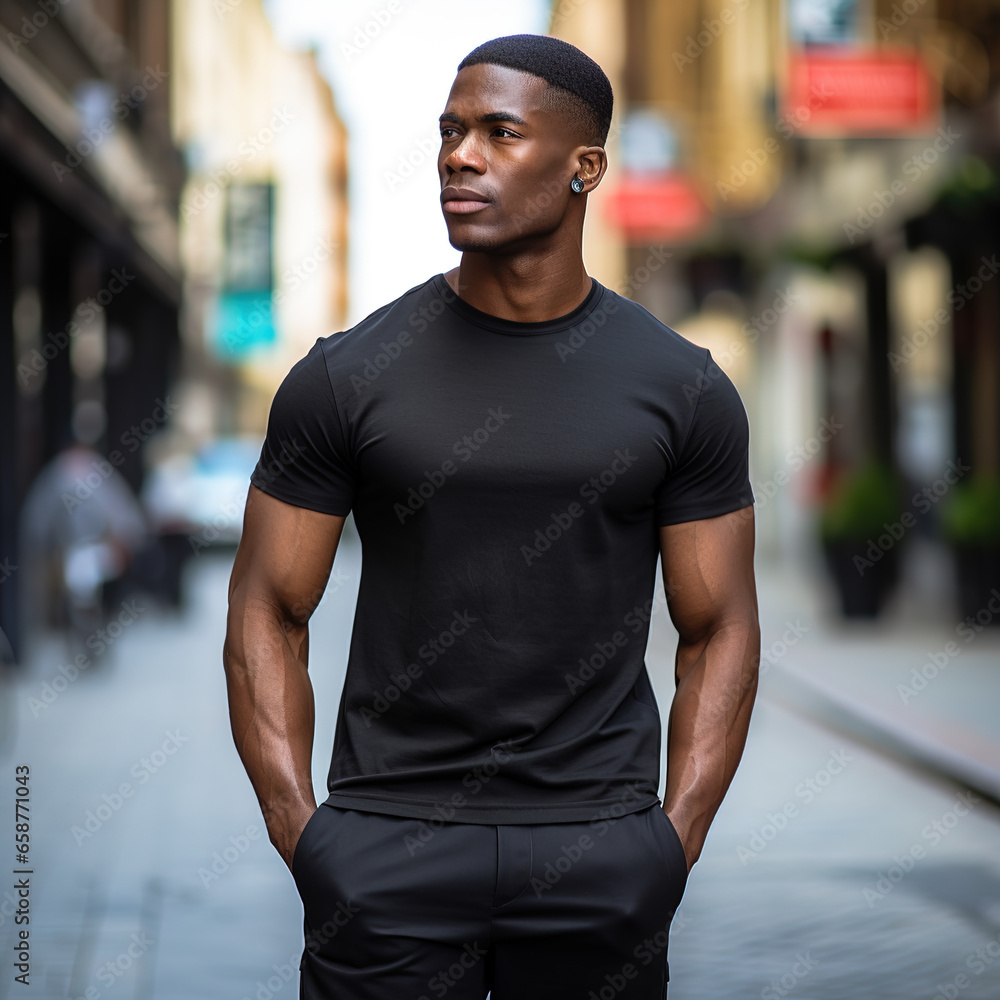 Male Model wearing black cotton t shirt standing in city street Male Model wearing black cotton t shirt standing in city street