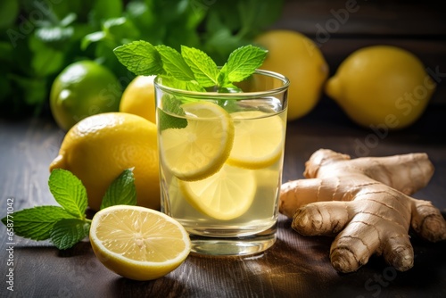 A Refreshing Glass of Lemon and Ginger Ale, Perfectly Captured in a Sunlit Setting with Lemon Slices and Fresh Ginger Root