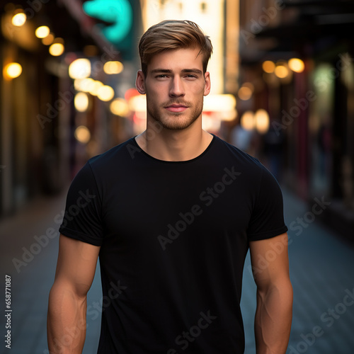 Male Model wearing black cotton t shirt standing in city street