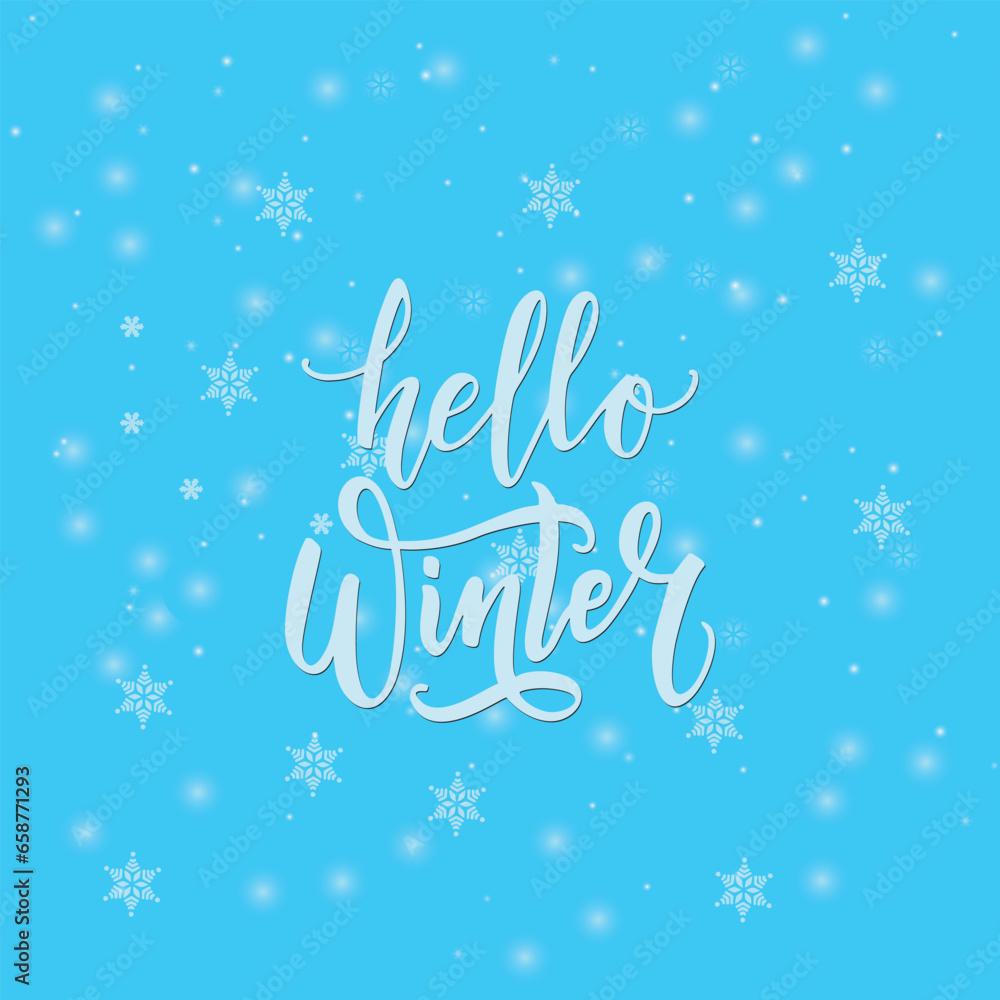 Hello Winter handwritten calligraphy inscription on blue watercolor background with snowflakes. Hand drawn winter inspiration phrase. Vector illustration.