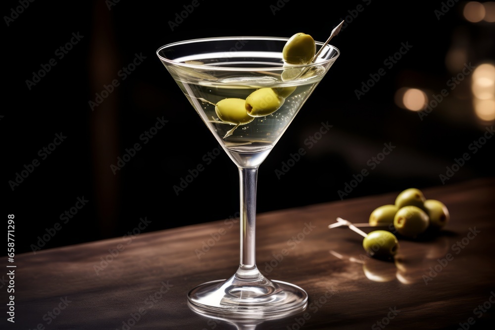 An elegant crystal glass filled with chilled martini, garnished with a green olive, resting on a polished wooden bar counter under soft ambient lighting